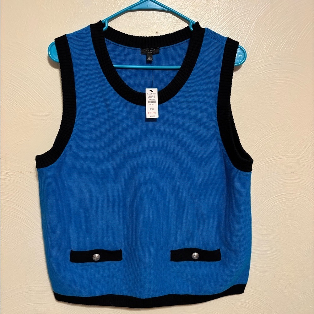 Talbots Petite XL Blue Black Sleeveless Knit Sweater Vest NWT